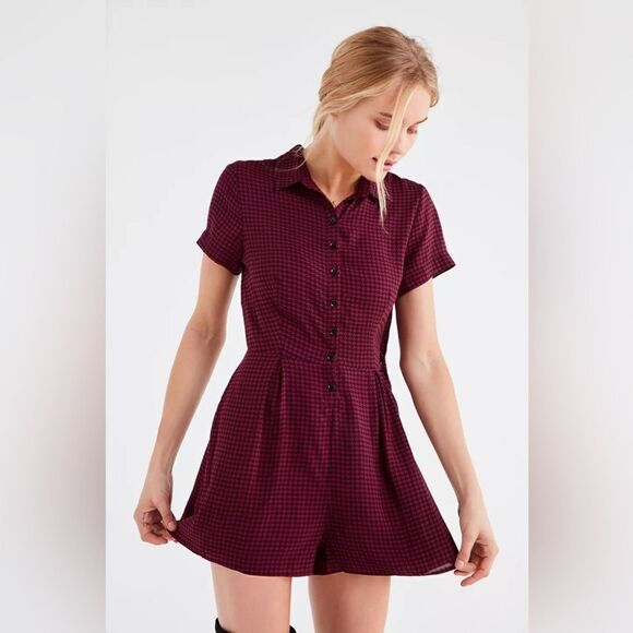 UO Bellina Button-Down Shirt Romper Wine Red Houndstooth 90s Retro Size 4 - Picture 4 of 12